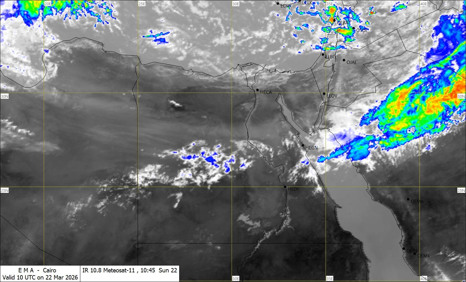 655690440_1365340695624494_4356716043440753641_n قد تكون صورة تحتوي على النص '25E BOE 40E 3ON Osor OJAI Z5N E MA Valid 10 TC 25N Cairo IR 10.8 Meteosat-1 n2 Mar 2026 10:45 Sun 22'